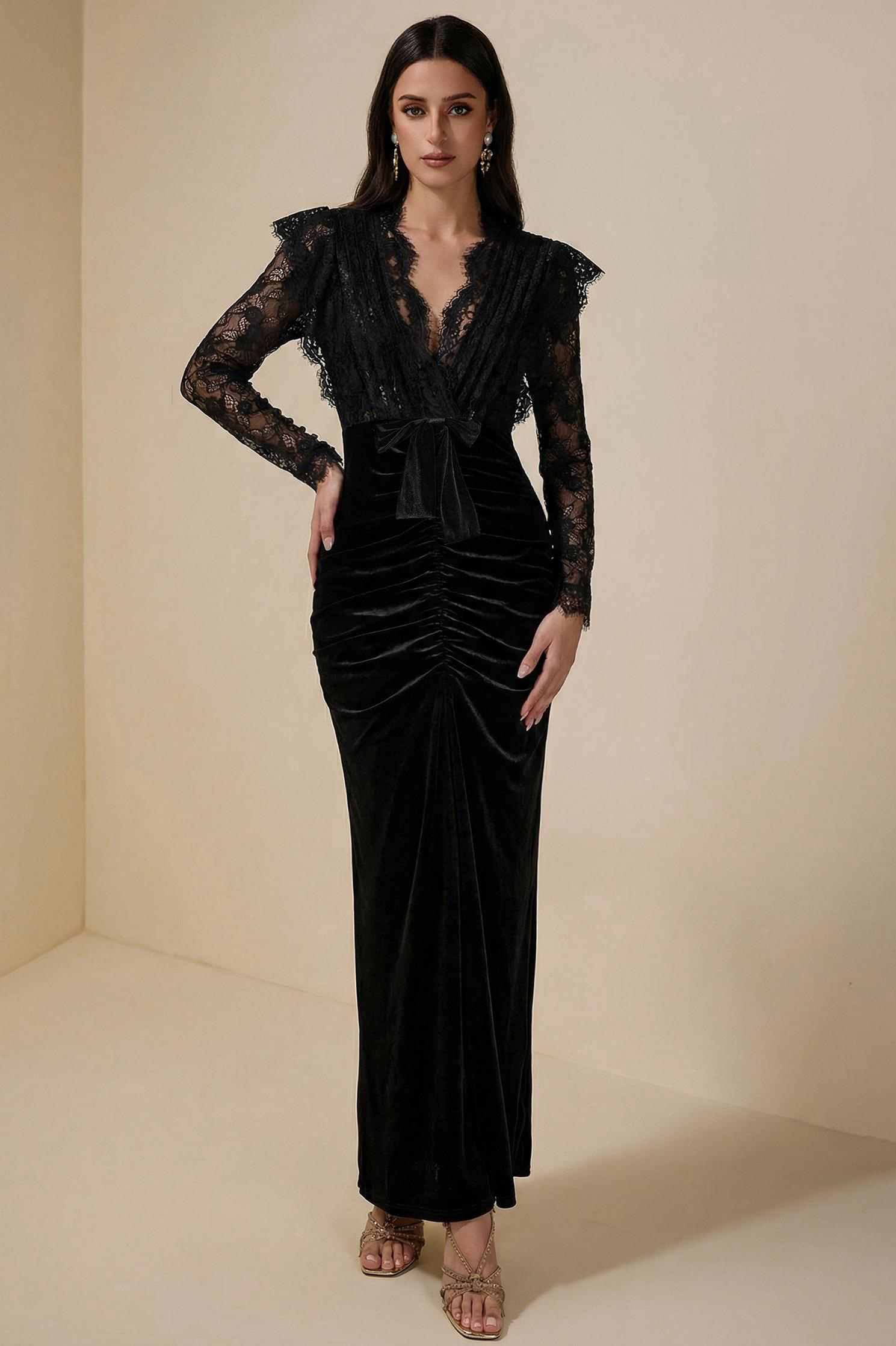 Velvet Splicing Lace Slit Maxi Dress