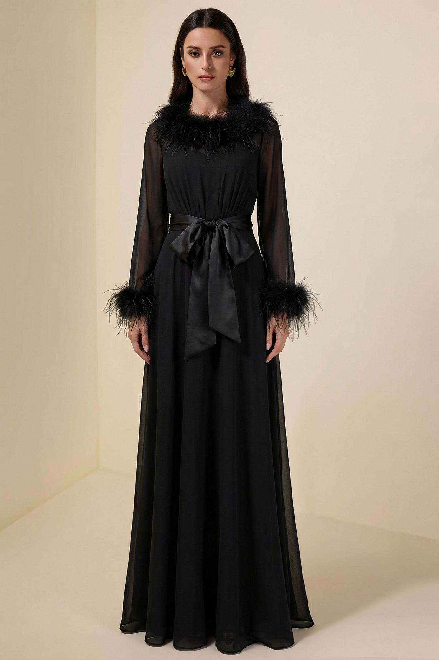 Chiffon Splicing Feather See-Through Maxi Dress