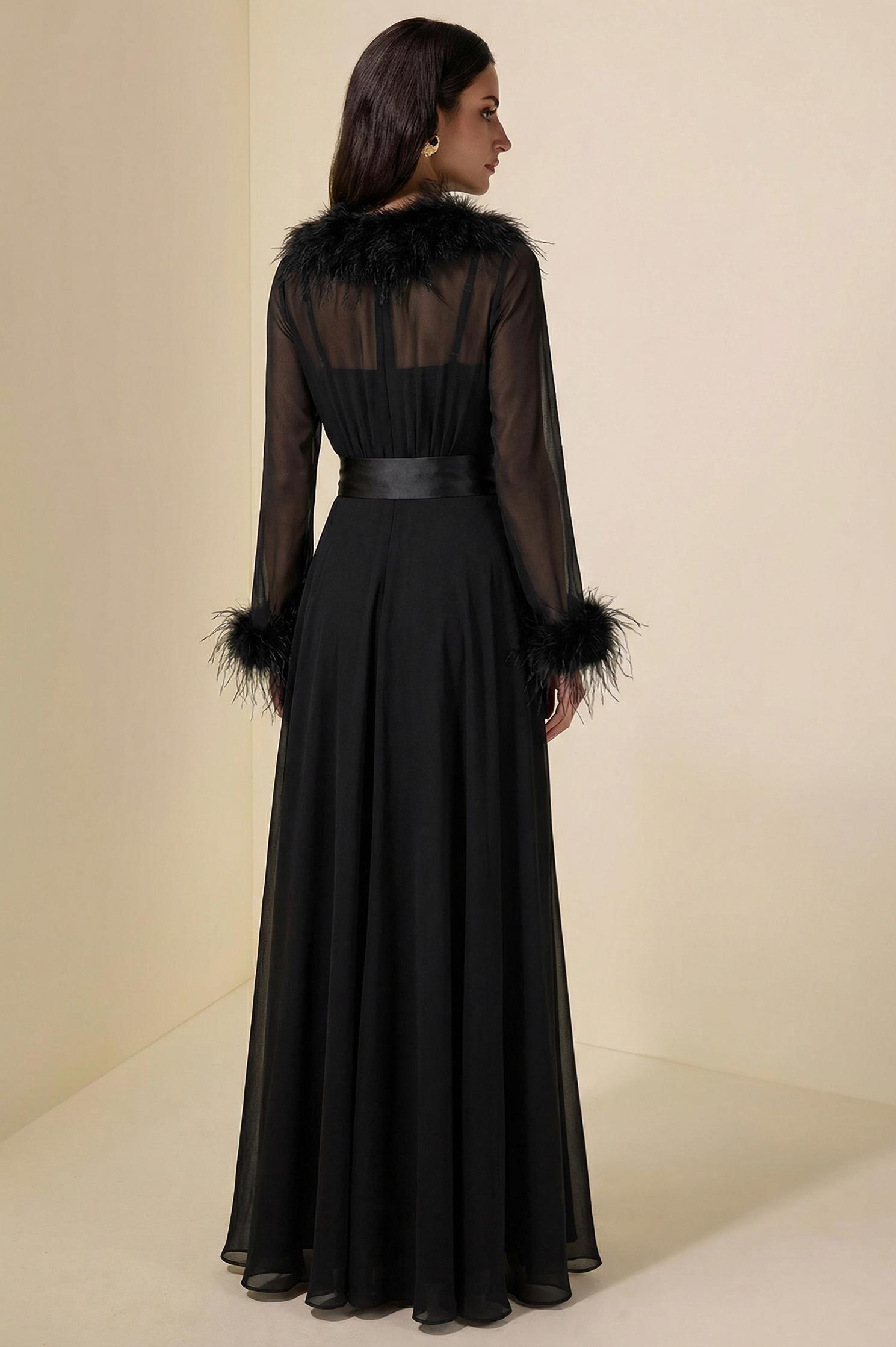 Chiffon Splicing Feather See-Through Maxi Dress