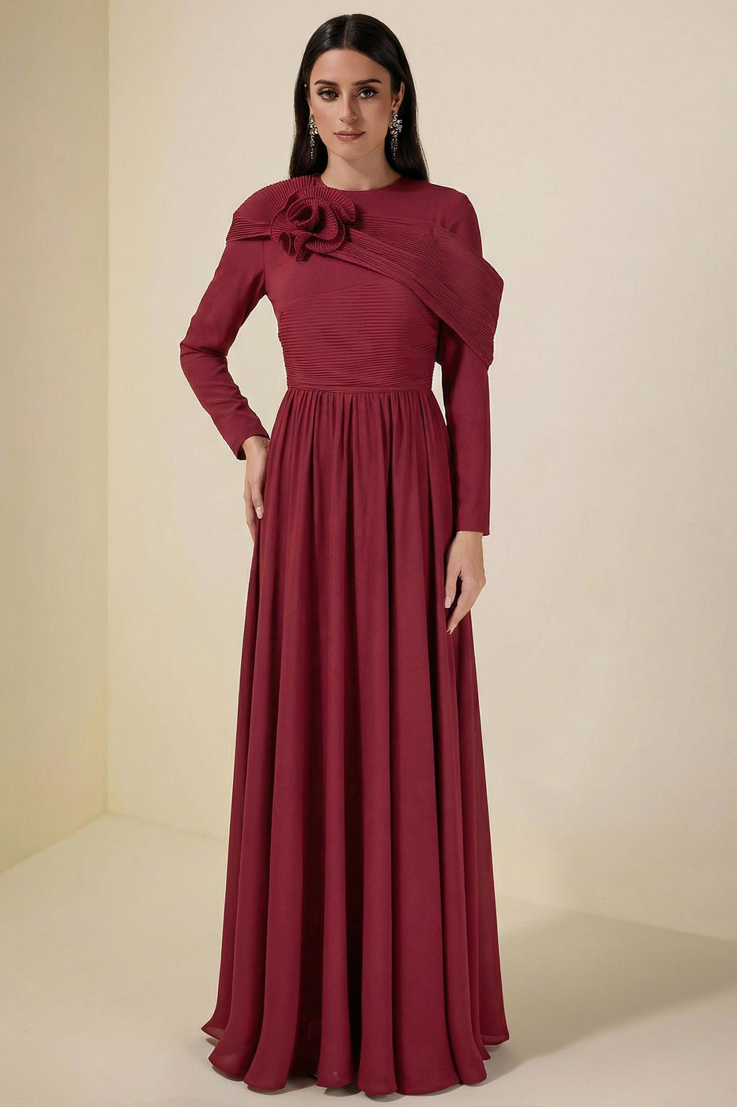 Solid Ruched 3D Flower Maxi Dress