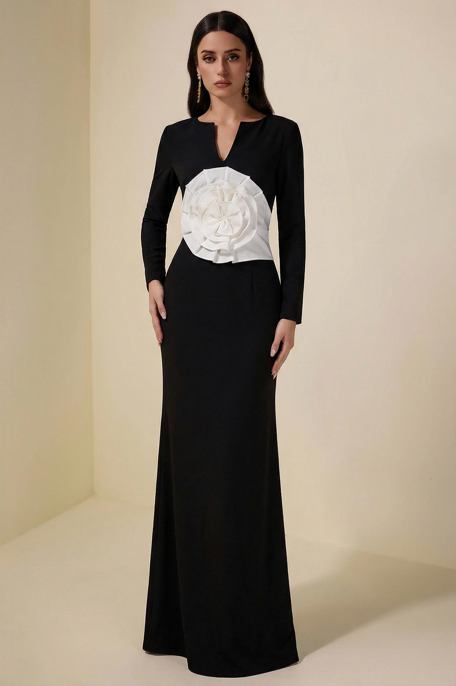 3D Flower Solid Long Sleeve Maxi Dress