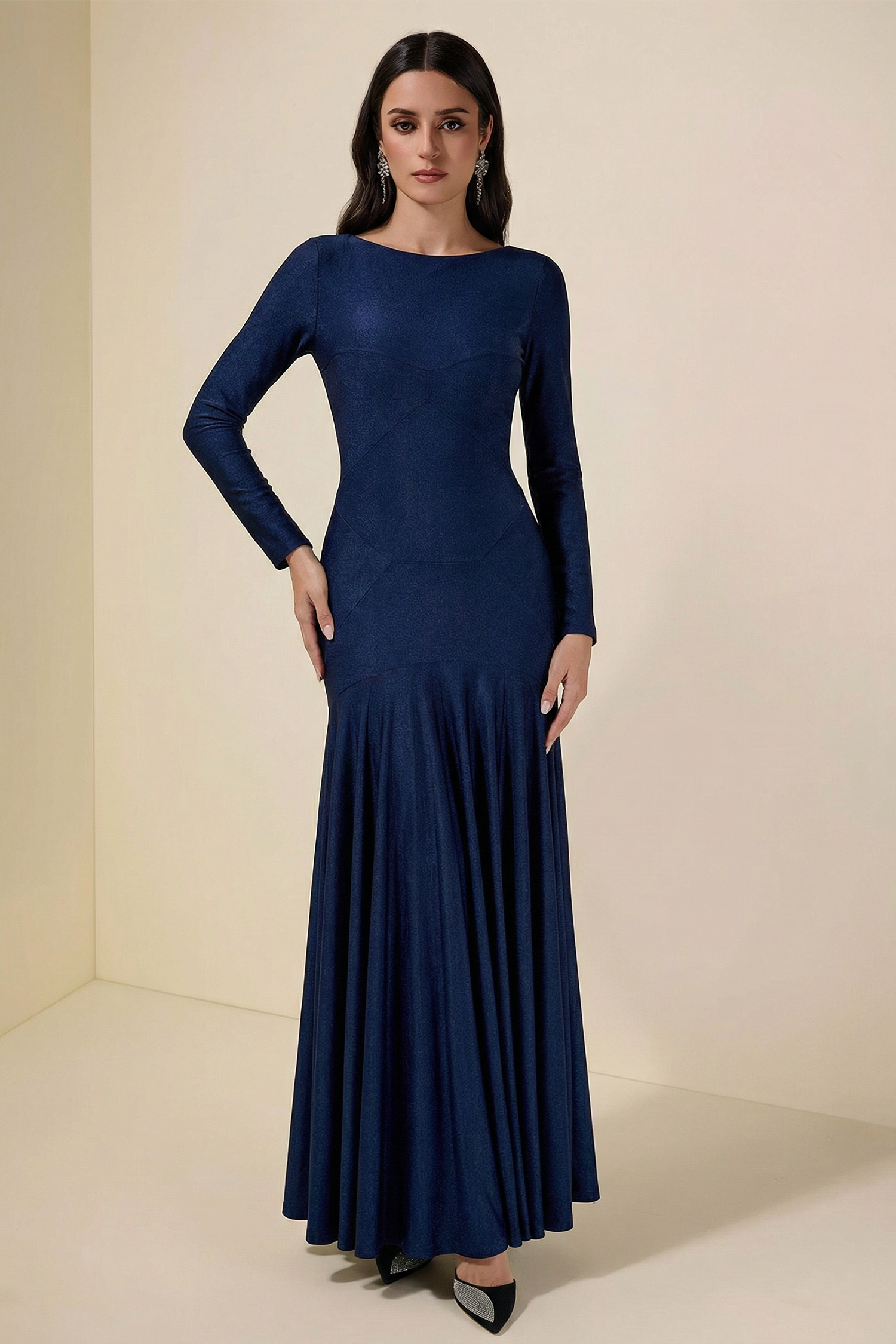 Solid Long Sleeve Metal Button Maxi Dress