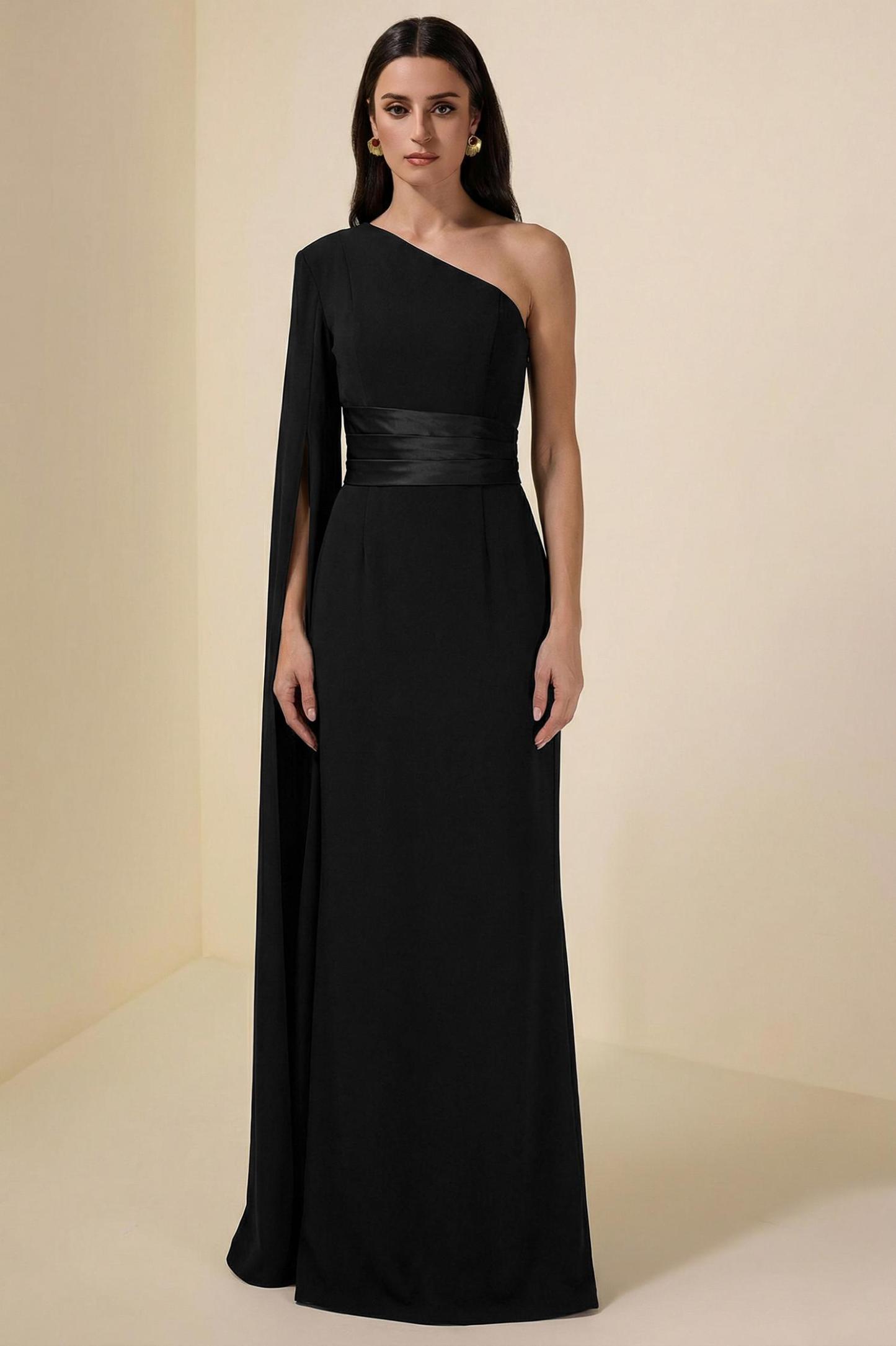 Satin Splicing Asymmetrical Sleeve Maxi Dress