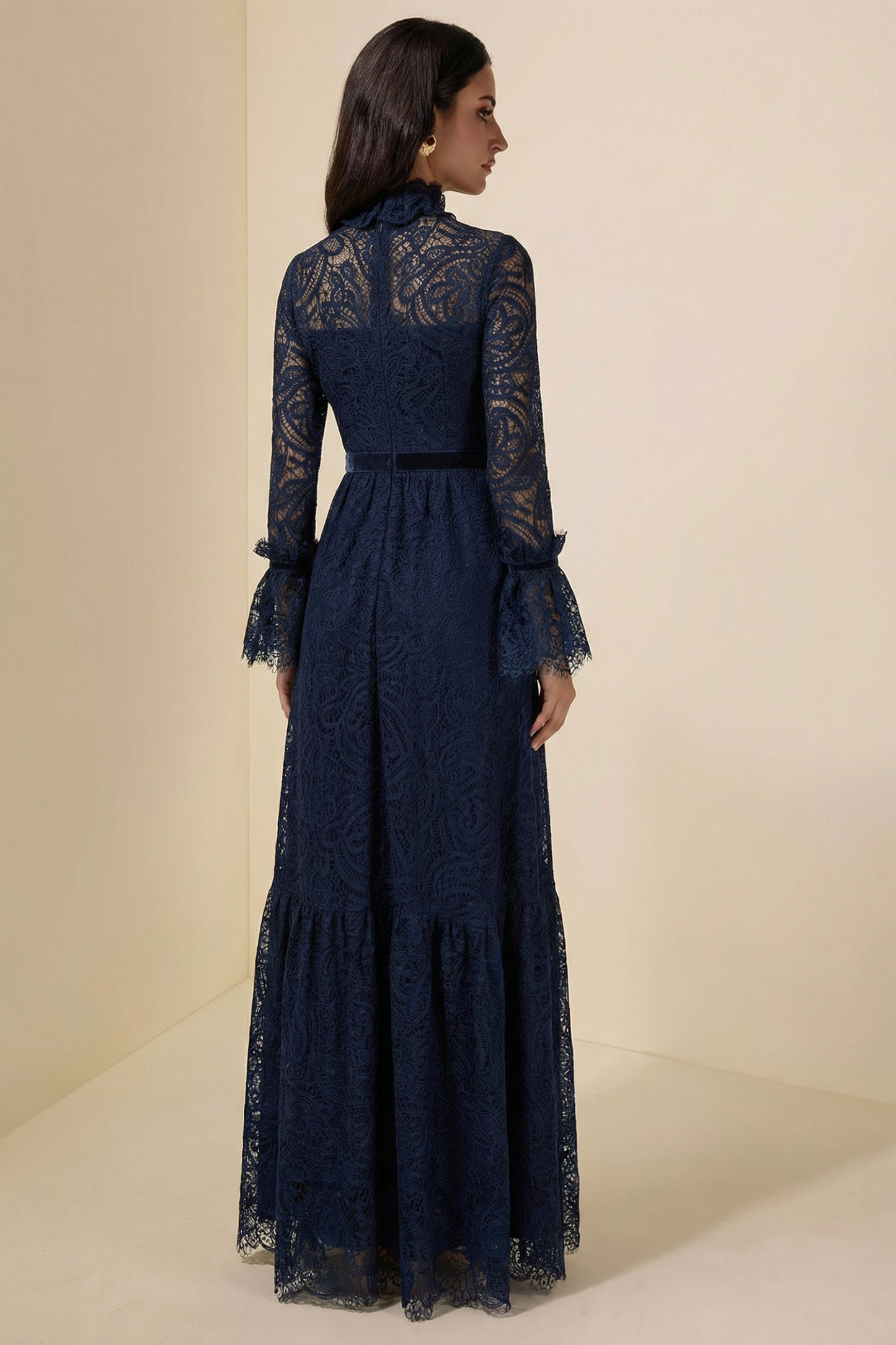 Lace Stand Collar Ruffle Maxi Dress