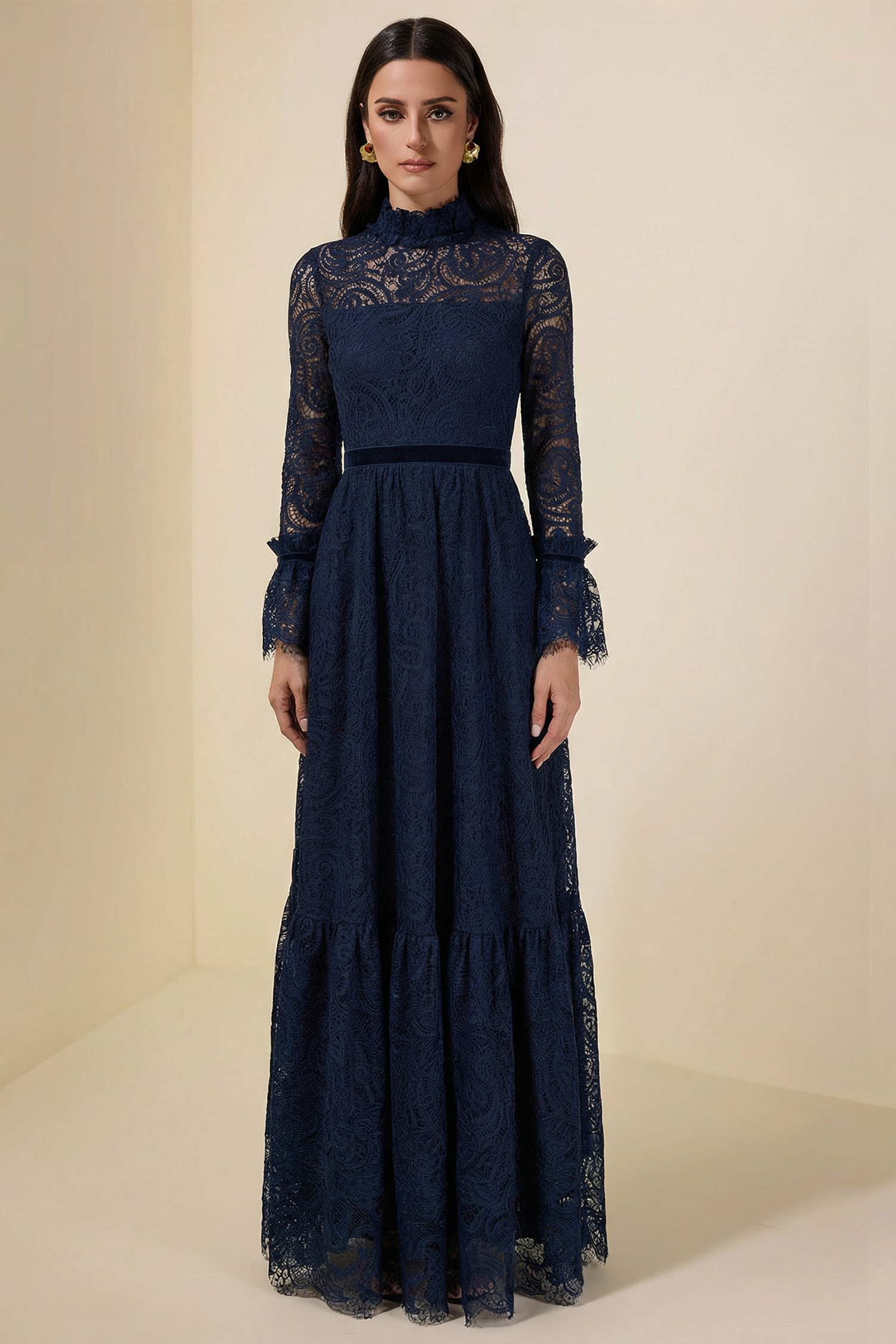 Lace Stand Collar Ruffle Maxi Dress