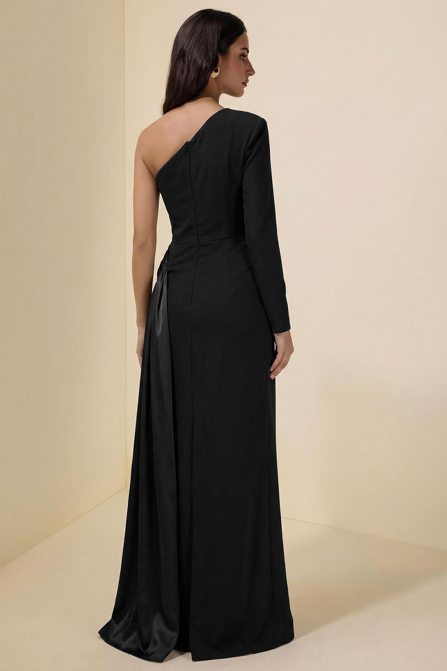 Satin Splicing Asymmetrical Sleeve Maxi Dress