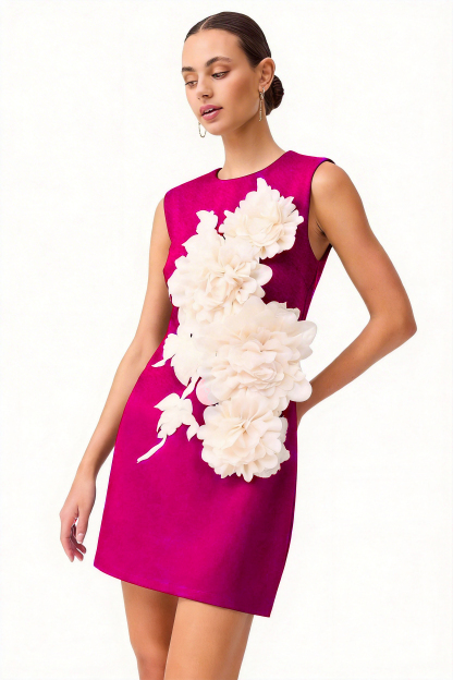 Contrast Color 3D Flower Round Neck Mini Dress