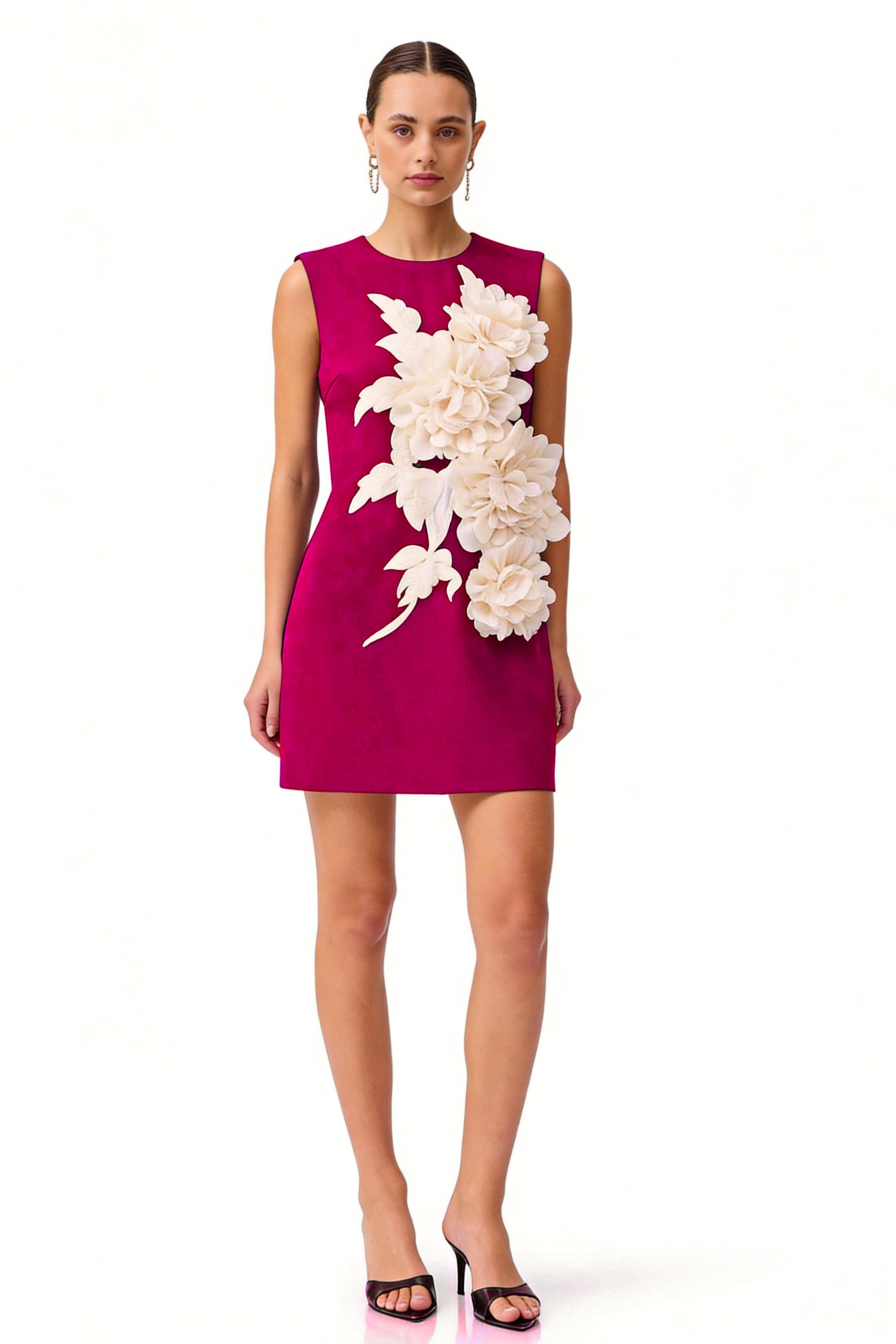 Contrast Color 3D Flower Round Neck Mini Dress