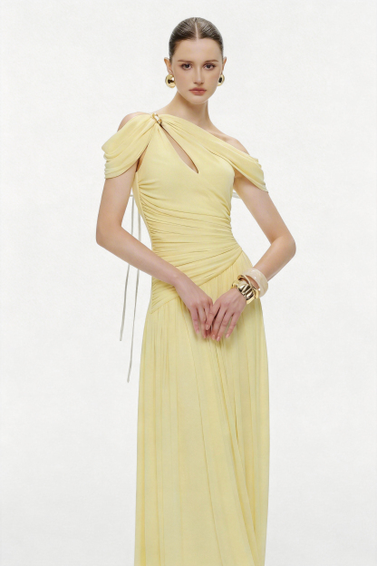 Solid One Shoulder Cape Sleeve Maxi Dress