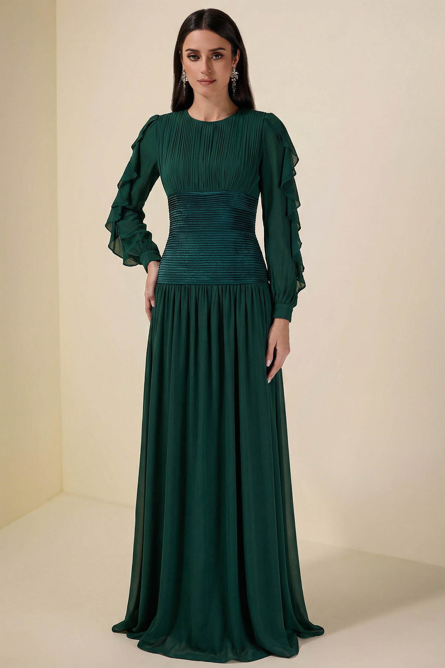 Chiffon Ruched Ruffle Maxi Dress