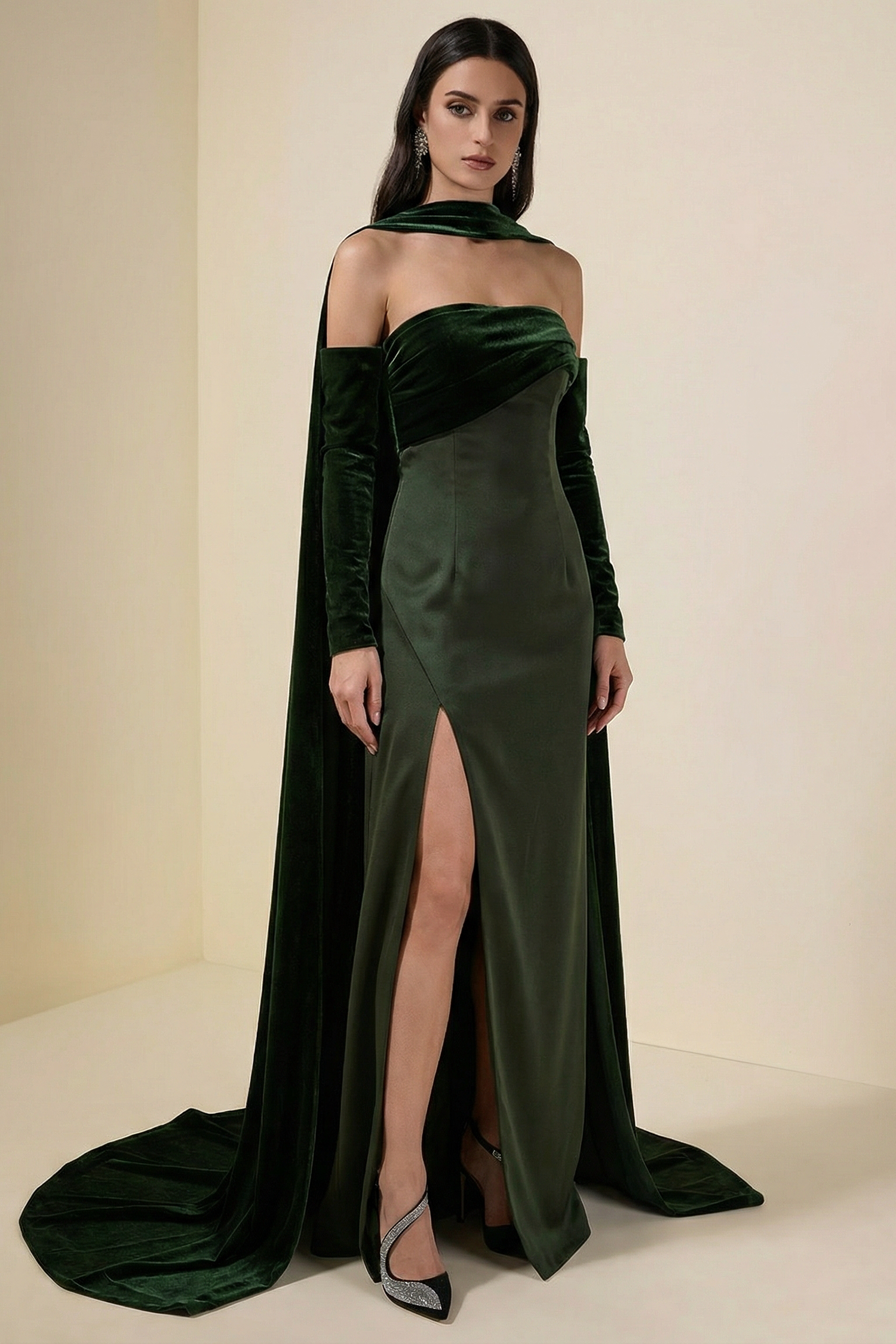 Off-Shoulder Slit Maxi Dress With Velvet Cape