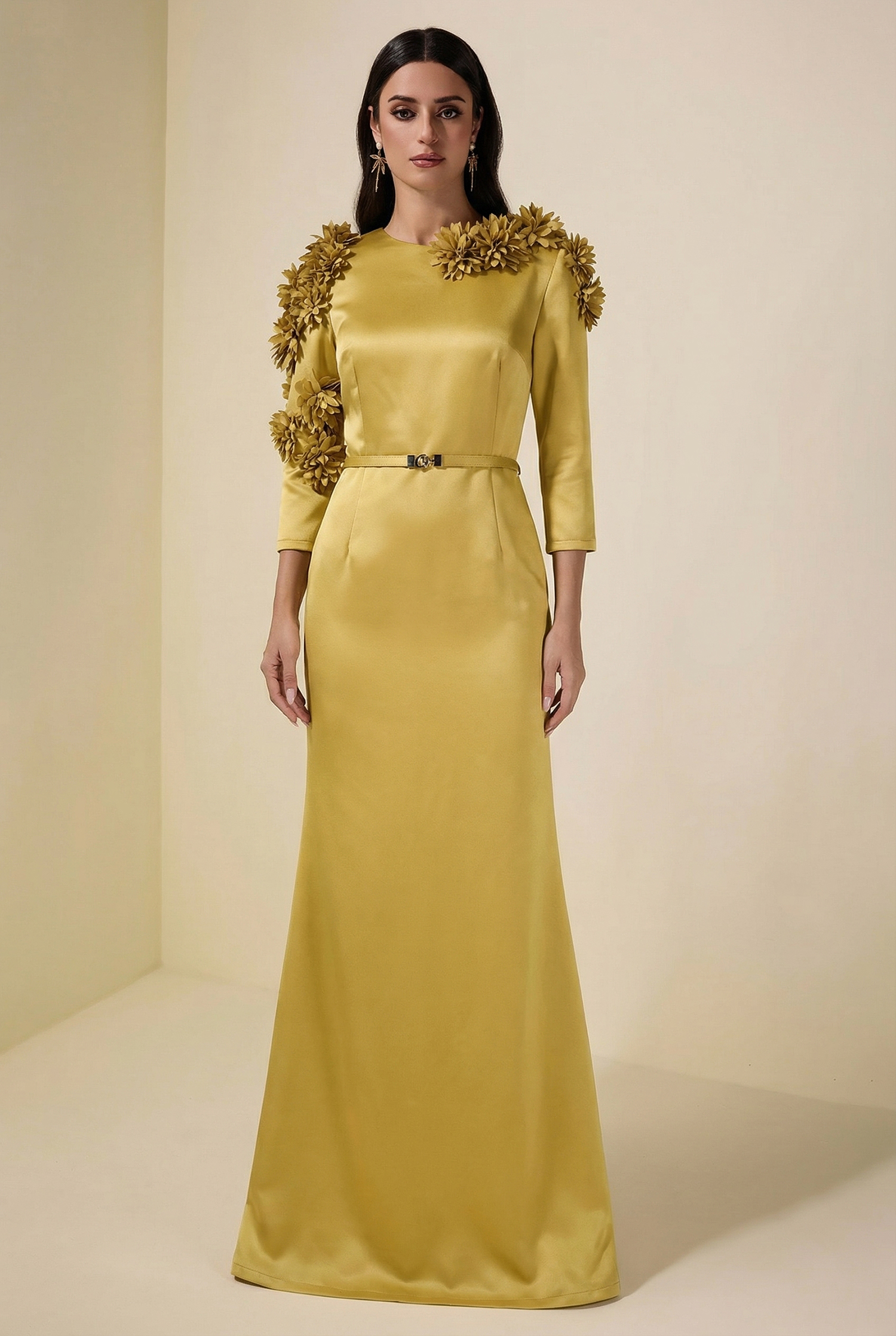 3D Flower Satin Maxi Dress With Belt