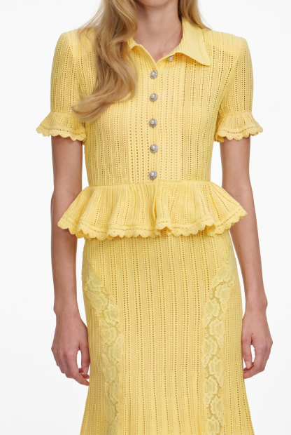 Knit Peplum Hem Top & Lace Splicing Midi Skirt Set
