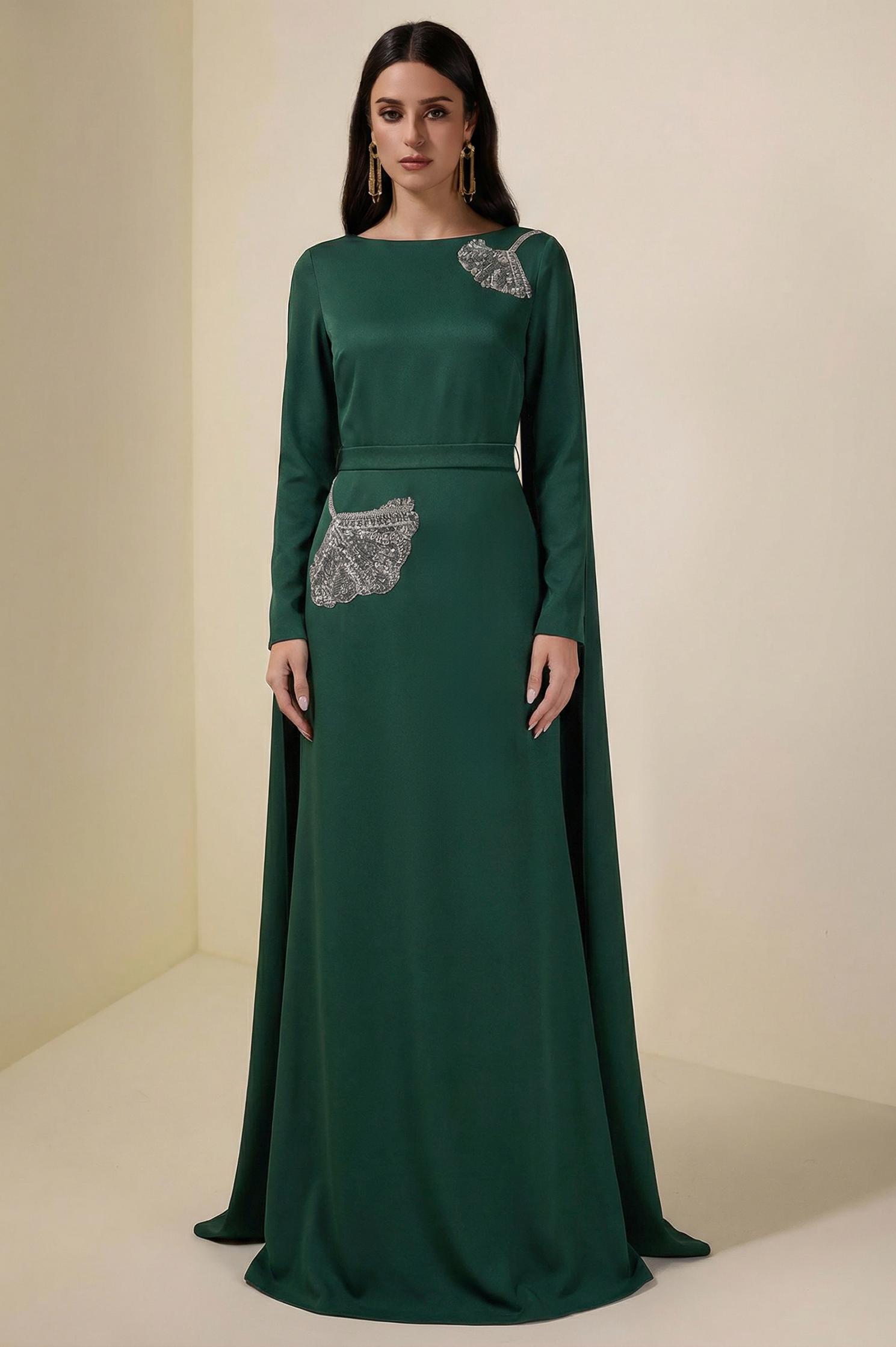Embroidered Boat Neck Long Sleeve Maxi Dress