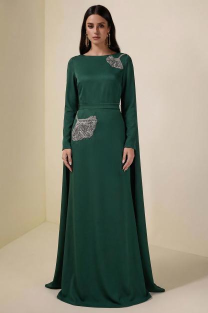 Embroidered Boat Neck Long Sleeve Maxi Dress