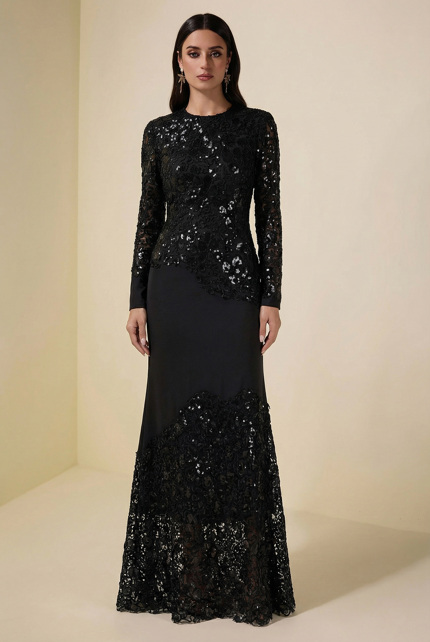 Sequin Splicing Embroidery Long Sleeve Maxi Dress