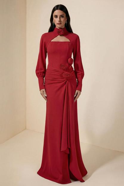 3D Flower Ruched Maxi Dress With Cape