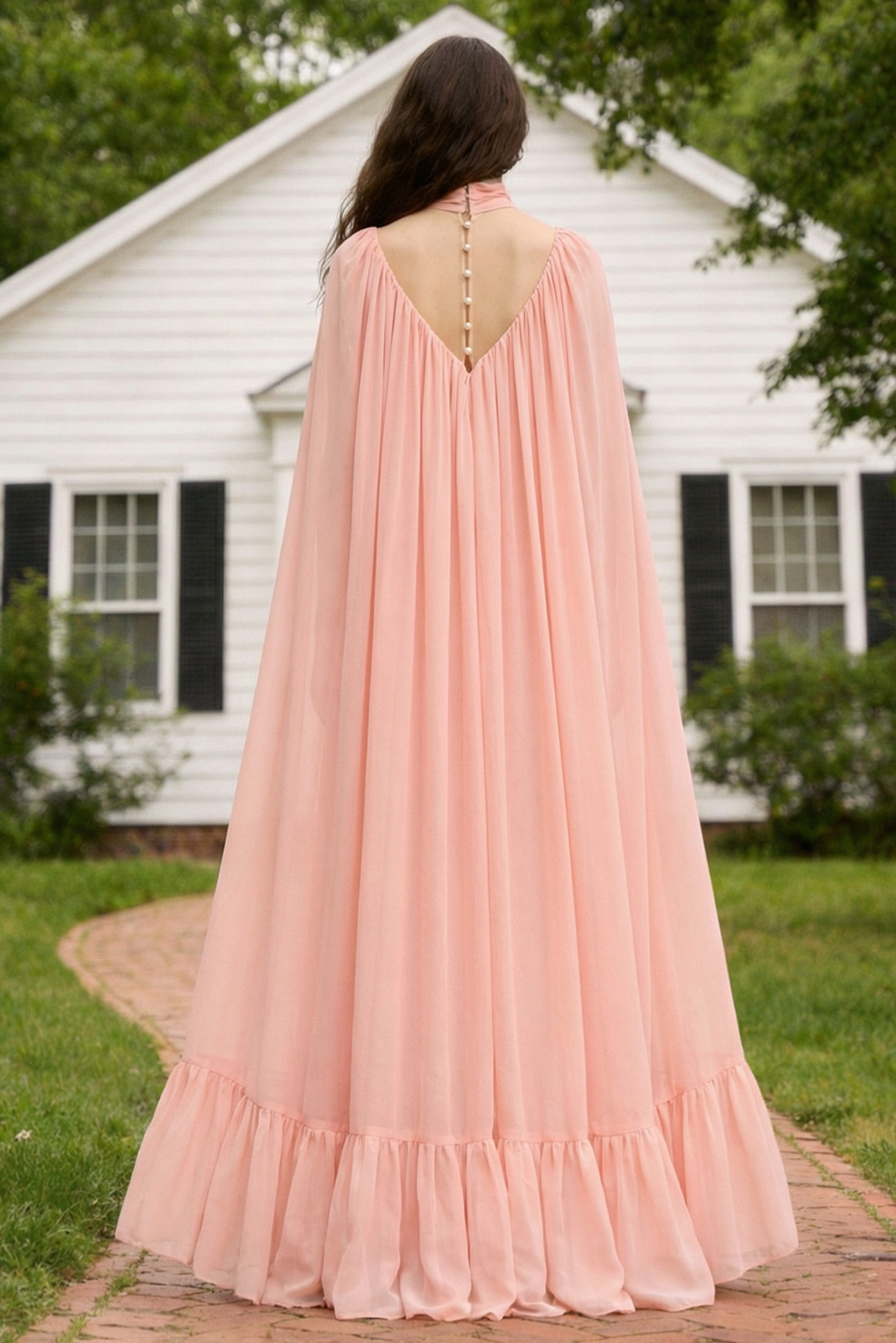 Chiffon Ruffle Cape Sleeve Maxi Dress