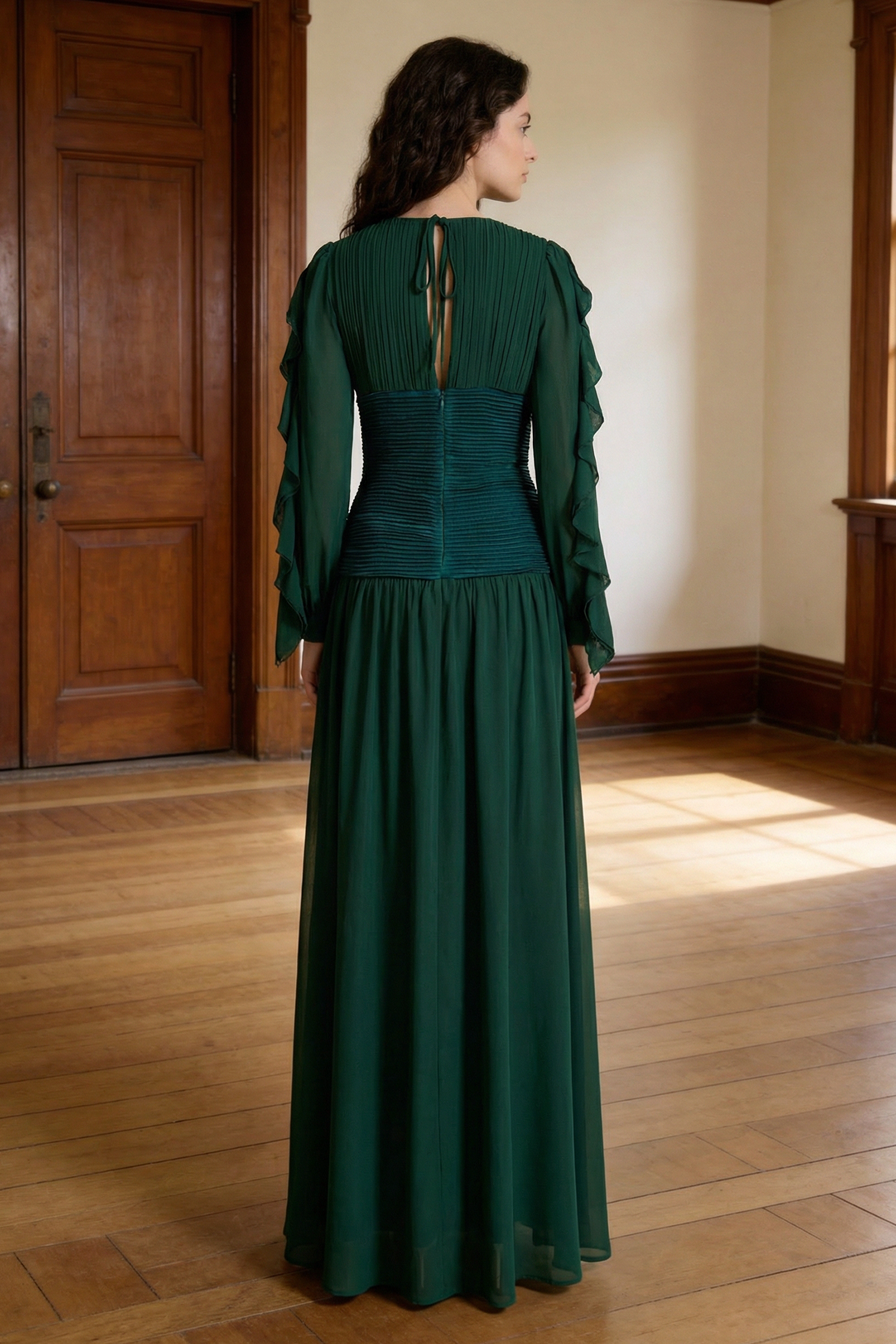 Chiffon Ruched Ruffle Maxi Dress