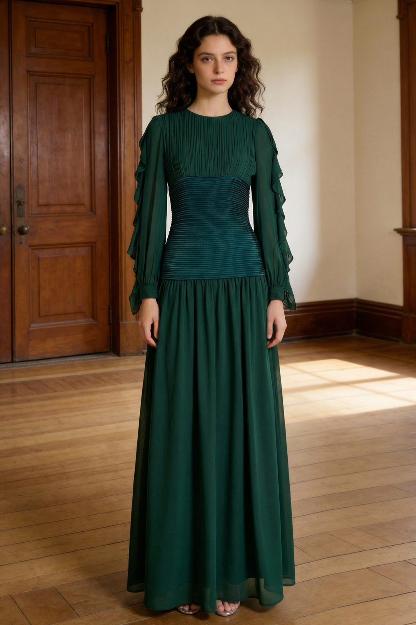 Chiffon Ruched Ruffle Maxi Dress