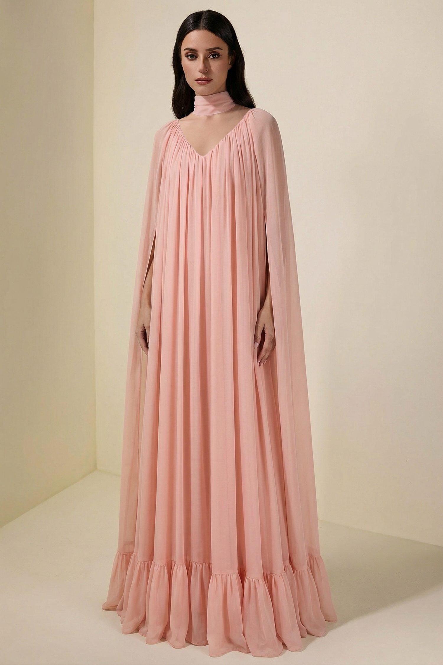 Chiffon Ruffle Cape Sleeve Maxi Dress