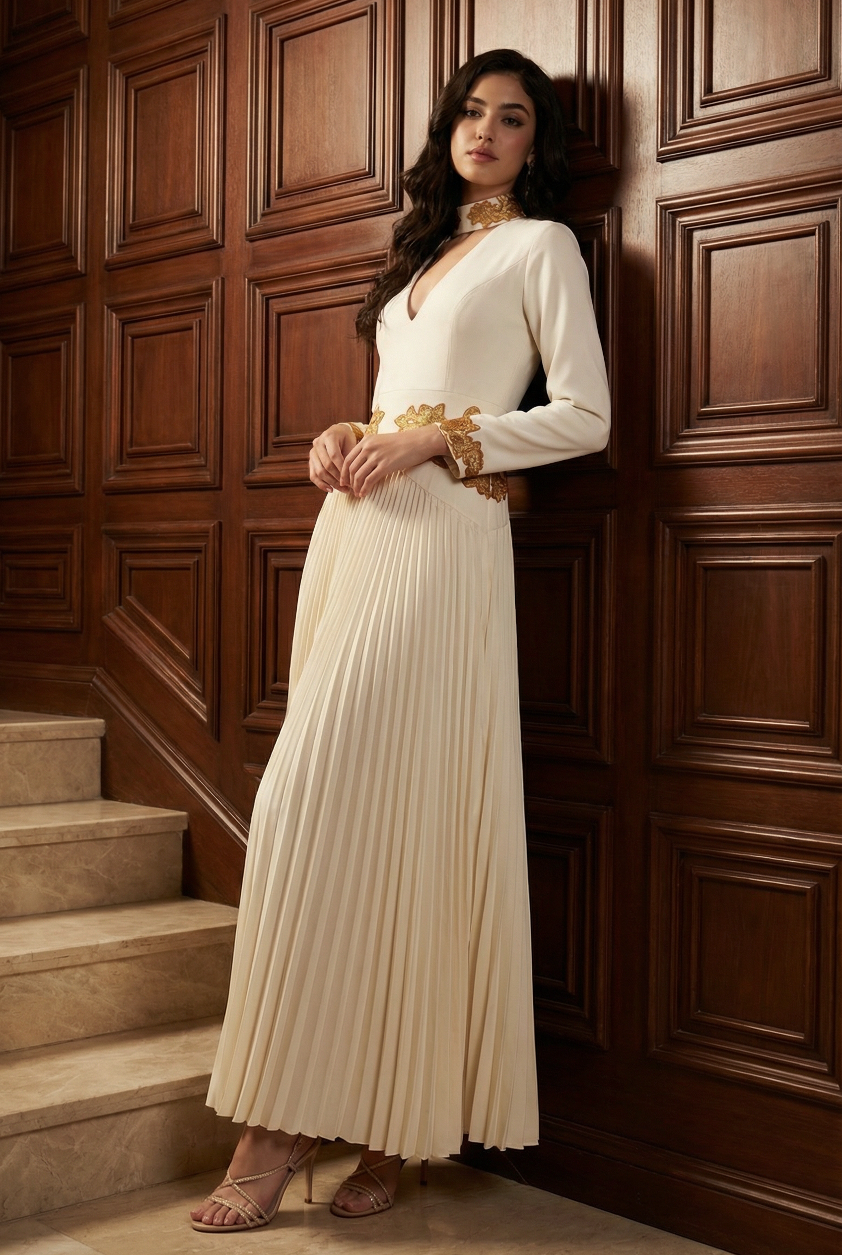 Appliquéd V-Neck Pleated Maxi Dress