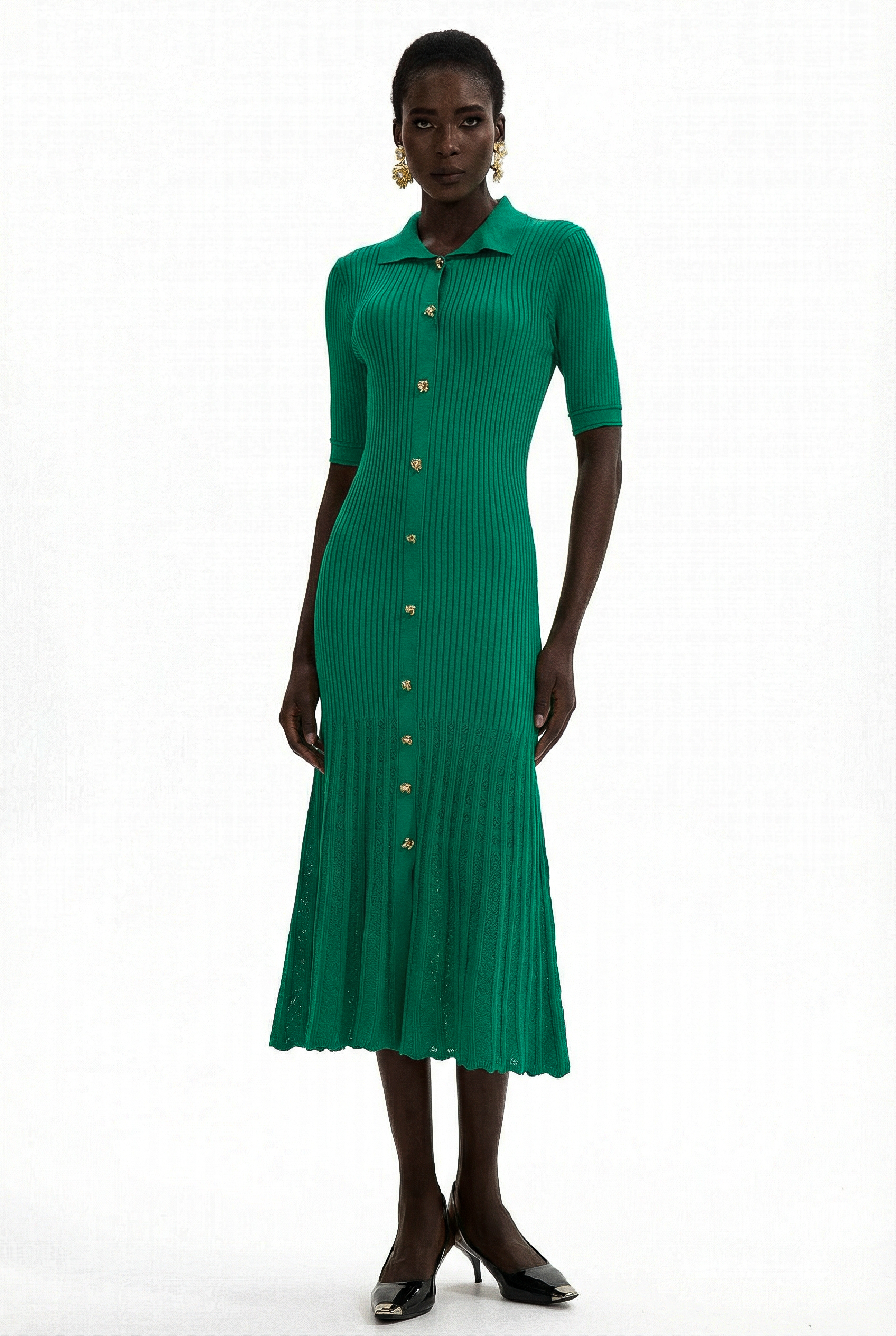 Jersey Flapped Metal Button Midi Dress