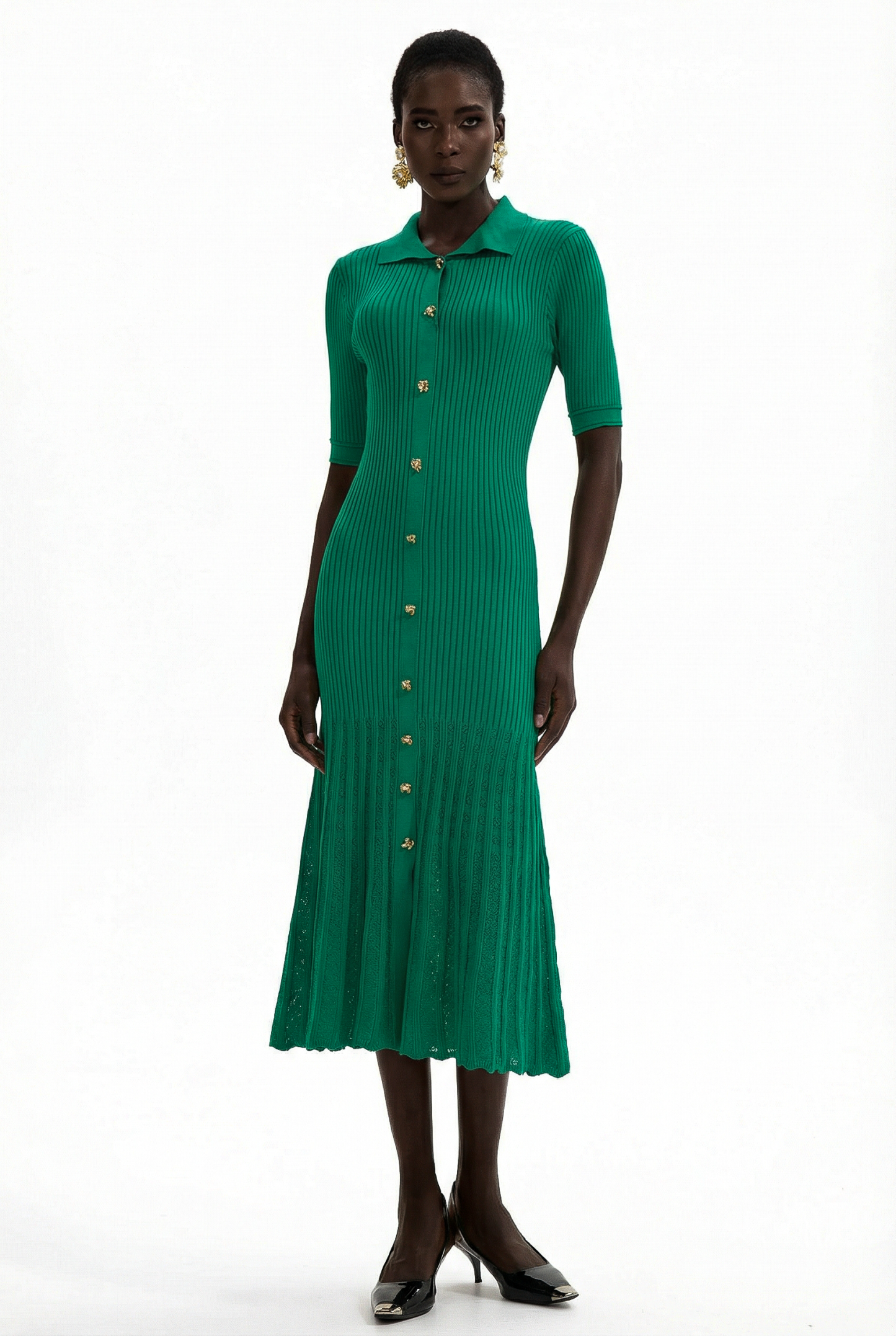 Jersey Flapped Metal Button Midi Dress