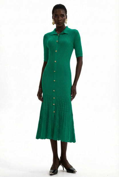 Jersey Flapped Metal Button Midi Dress