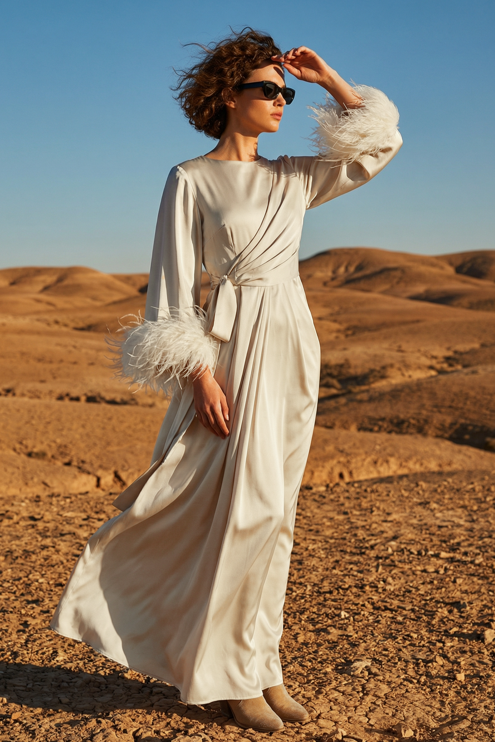 Satin Lace-Up Feather-Trimmed Pleated Maxi Dress