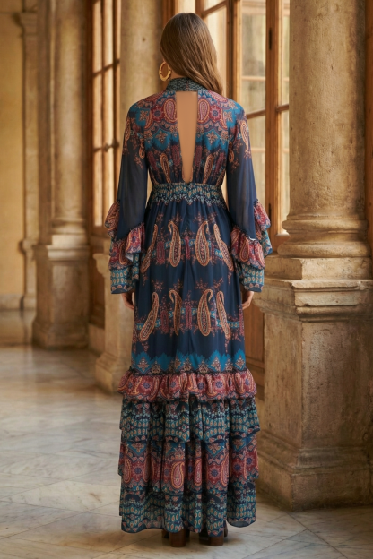 Paisley Print Ruffle Raglan Sleeve Maxi Dress