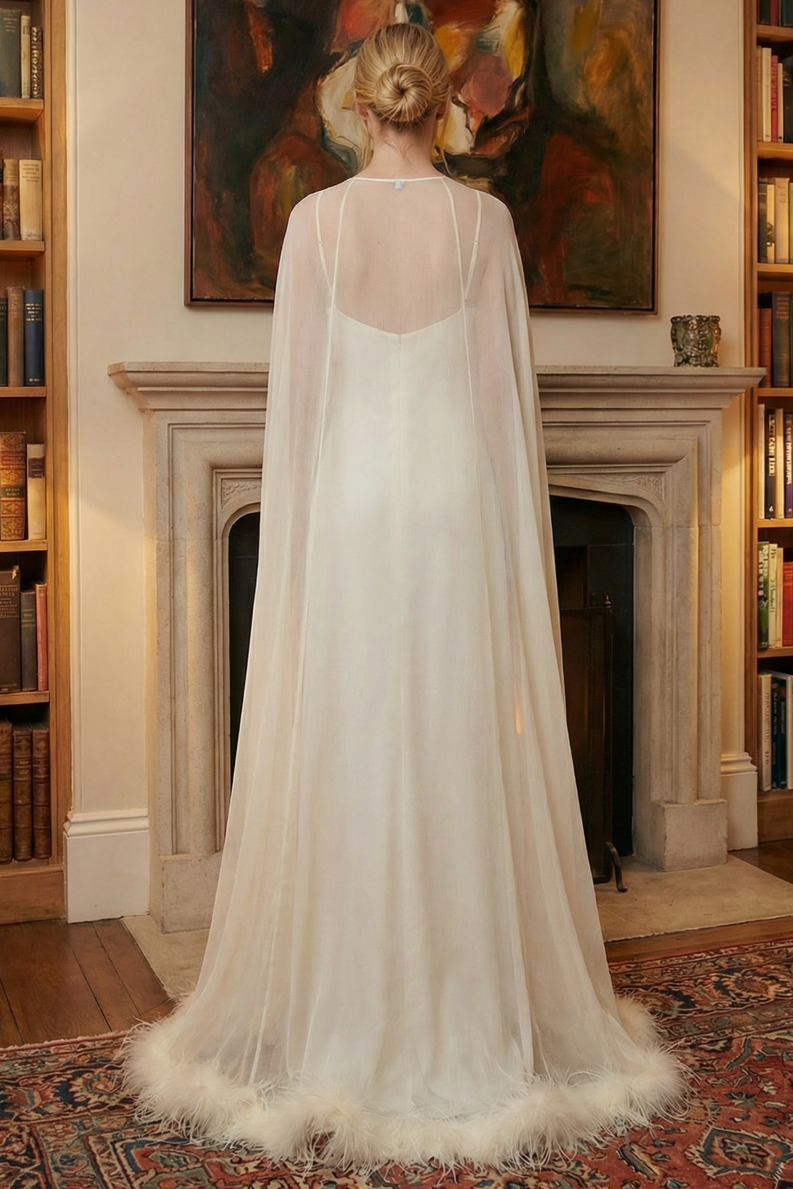 Slip Satin Maxi Dress With Ostrich Feather Cape