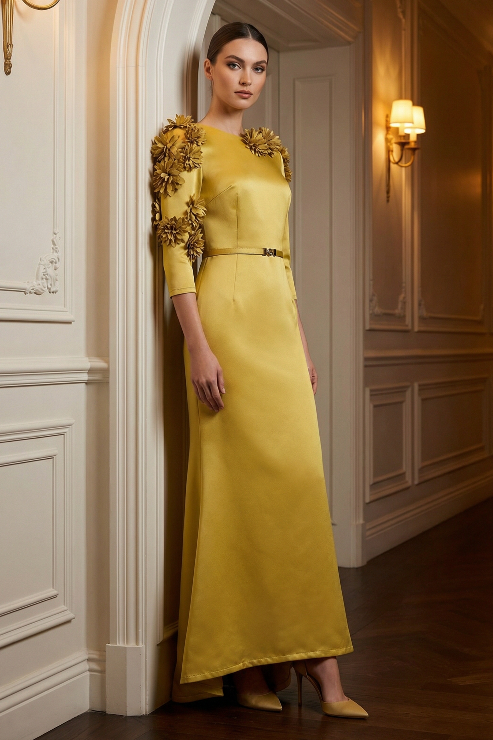 3D Flower Satin Maxi Dress With Belt