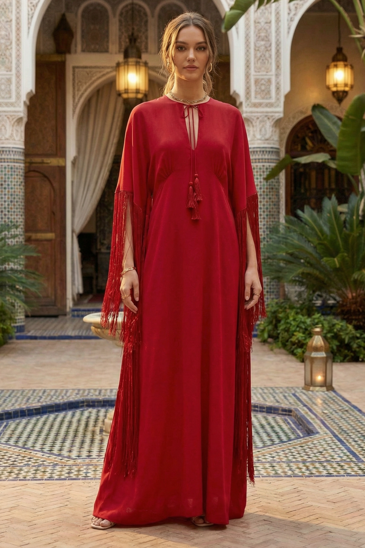 Solid Tie-Up Tassel Cape Sleeve Maxi Dress