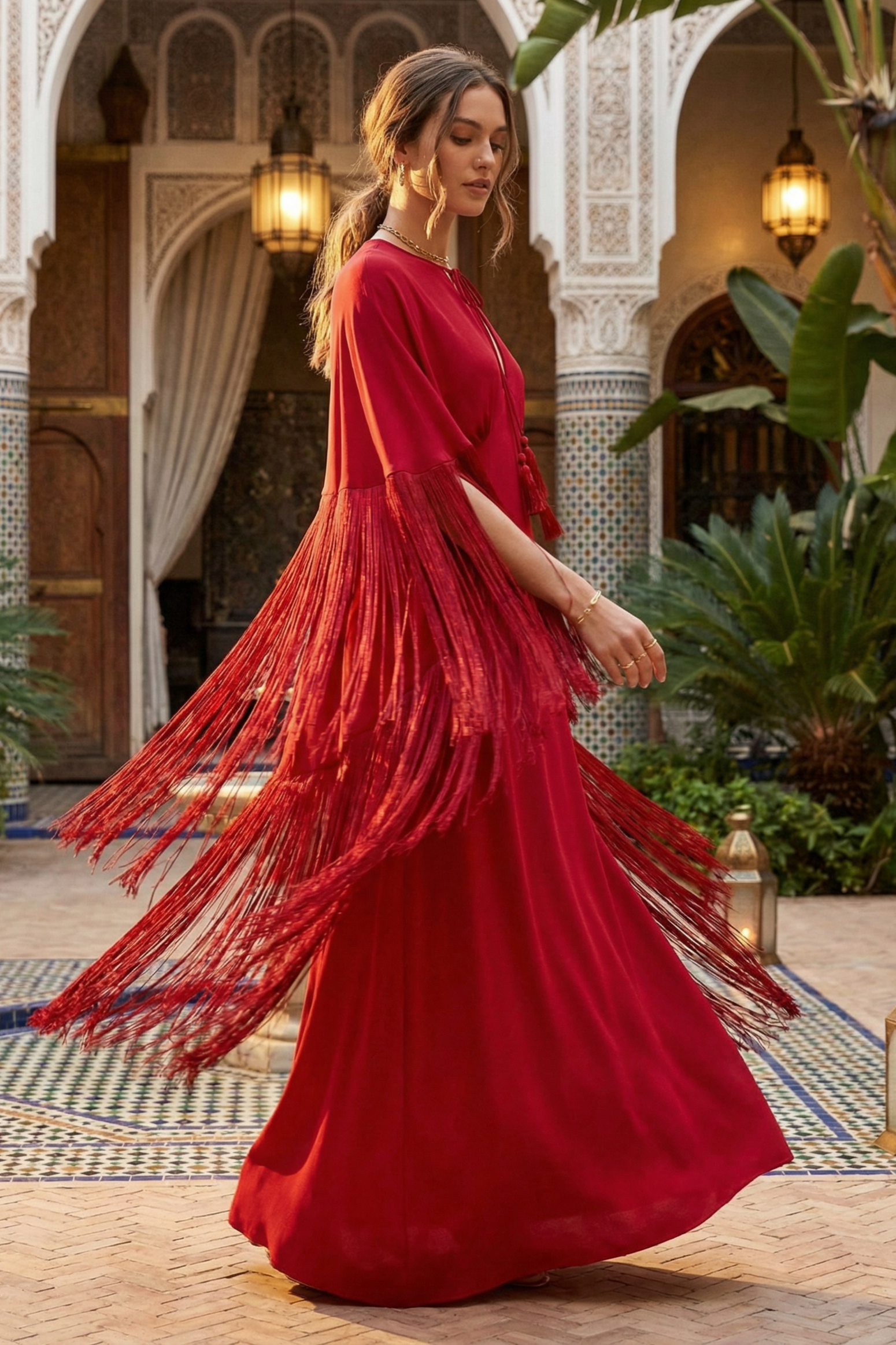Solid Tie-Up Tassel Cape Sleeve Maxi Dress