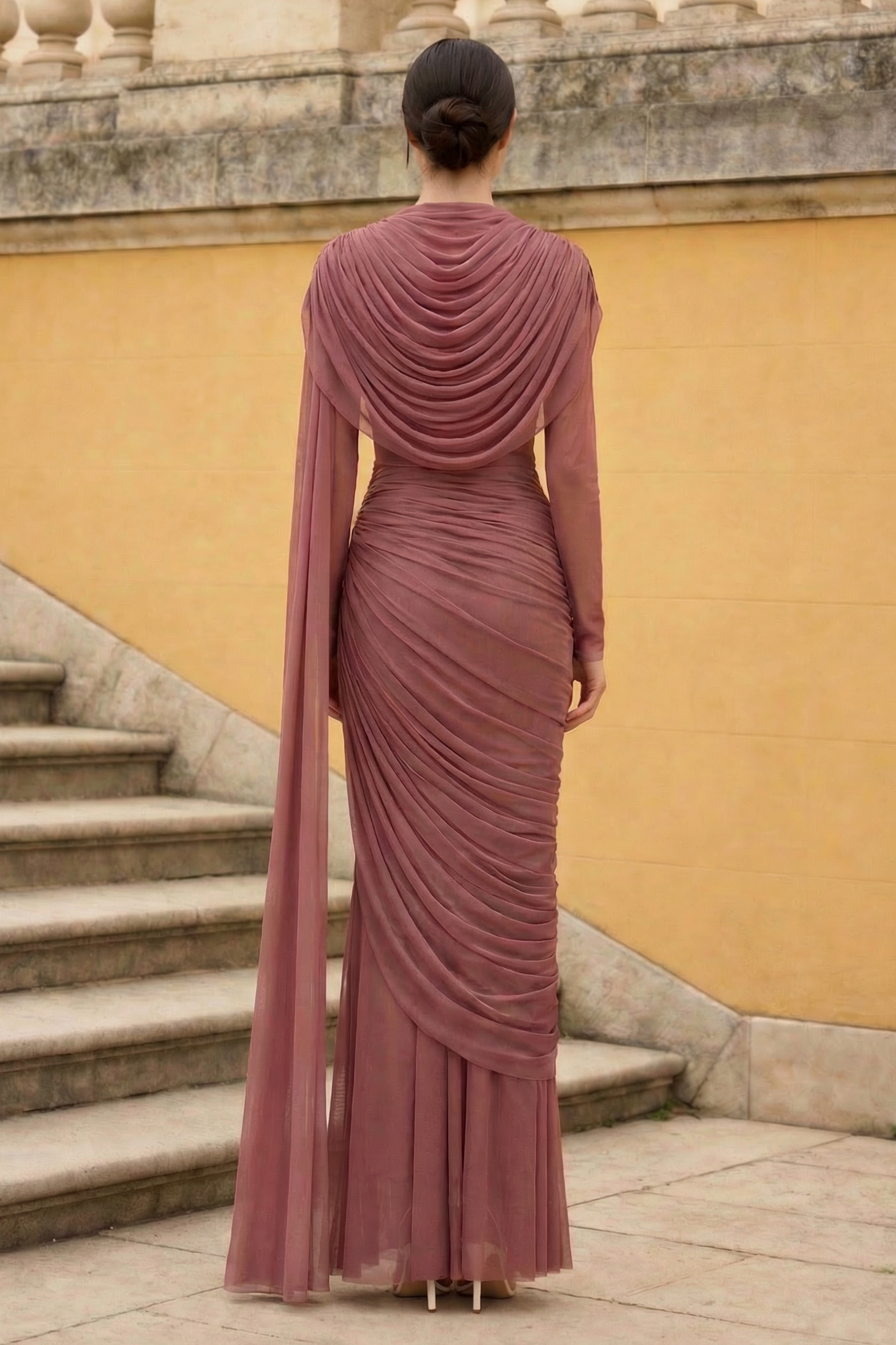 Mesh Gathering Asymmetrical Sleeve Maxi Dress