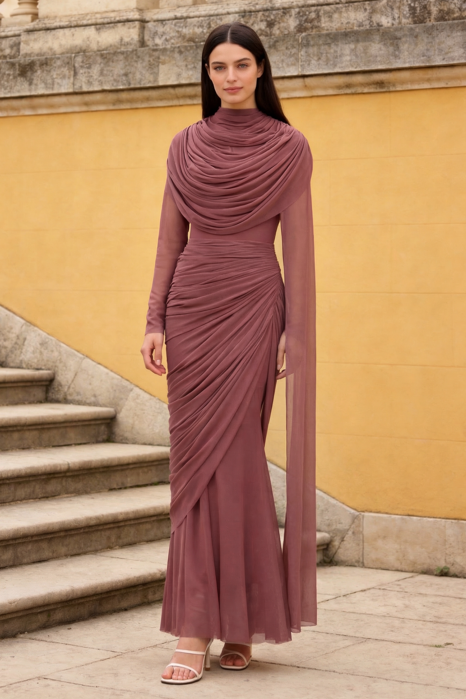 Mesh Gathering Asymmetrical Sleeve Maxi Dress