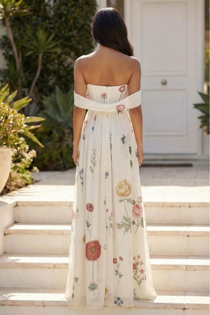 Chiffon Floral Off-Shoulder Maxi Dress
