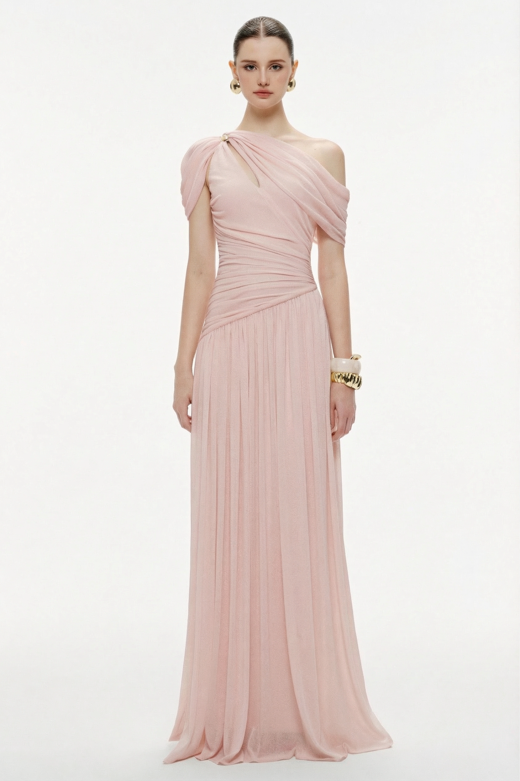 Solid One Shoulder Cape Sleeve Maxi Dress