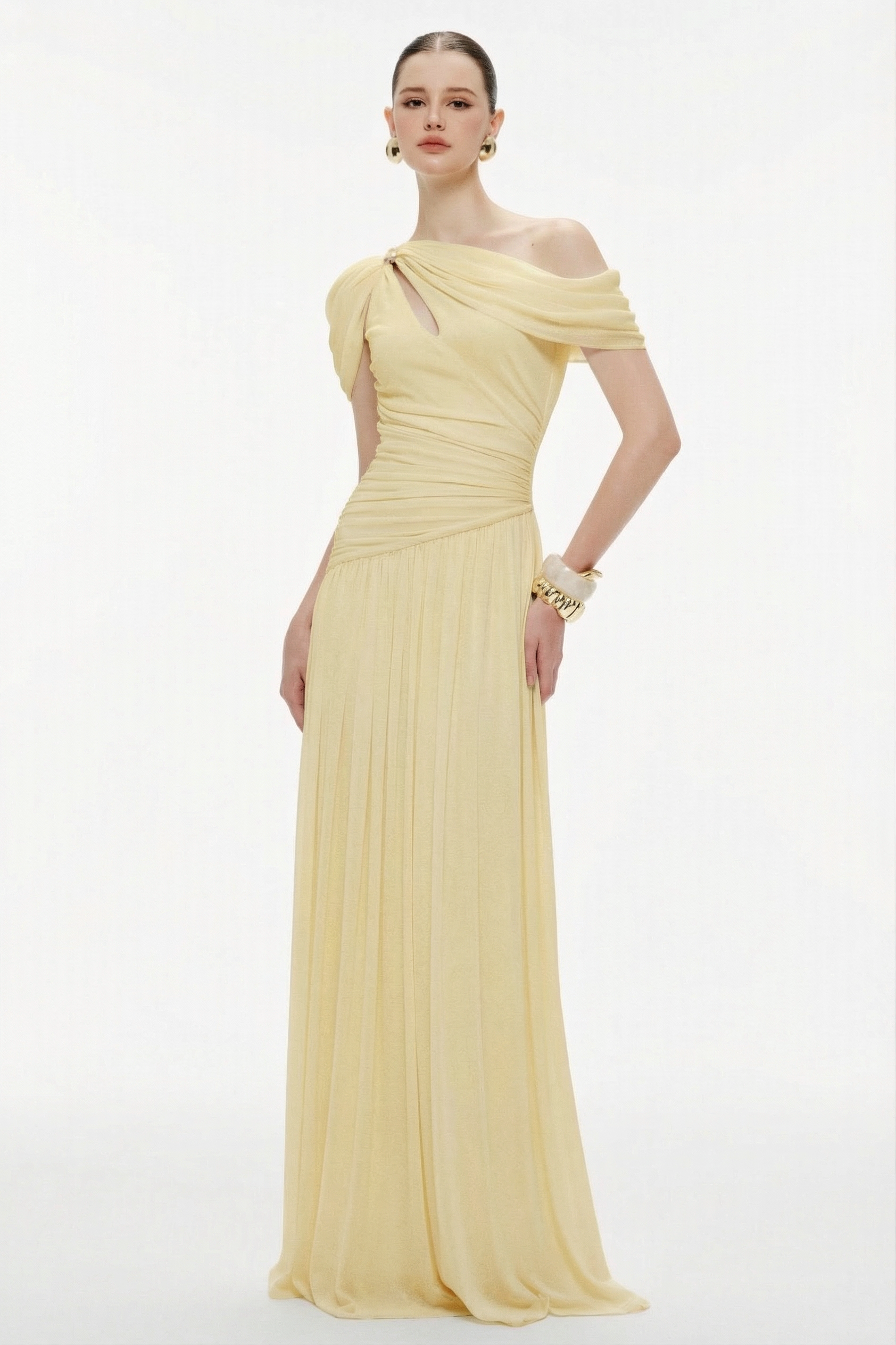 Solid One Shoulder Cape Sleeve Maxi Dress