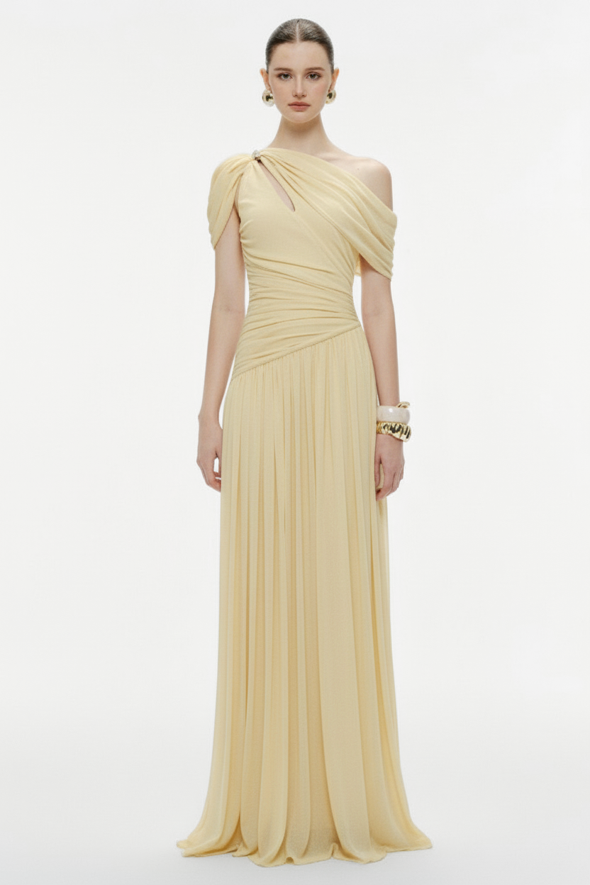 Solid One Shoulder Cape Sleeve Maxi Dress