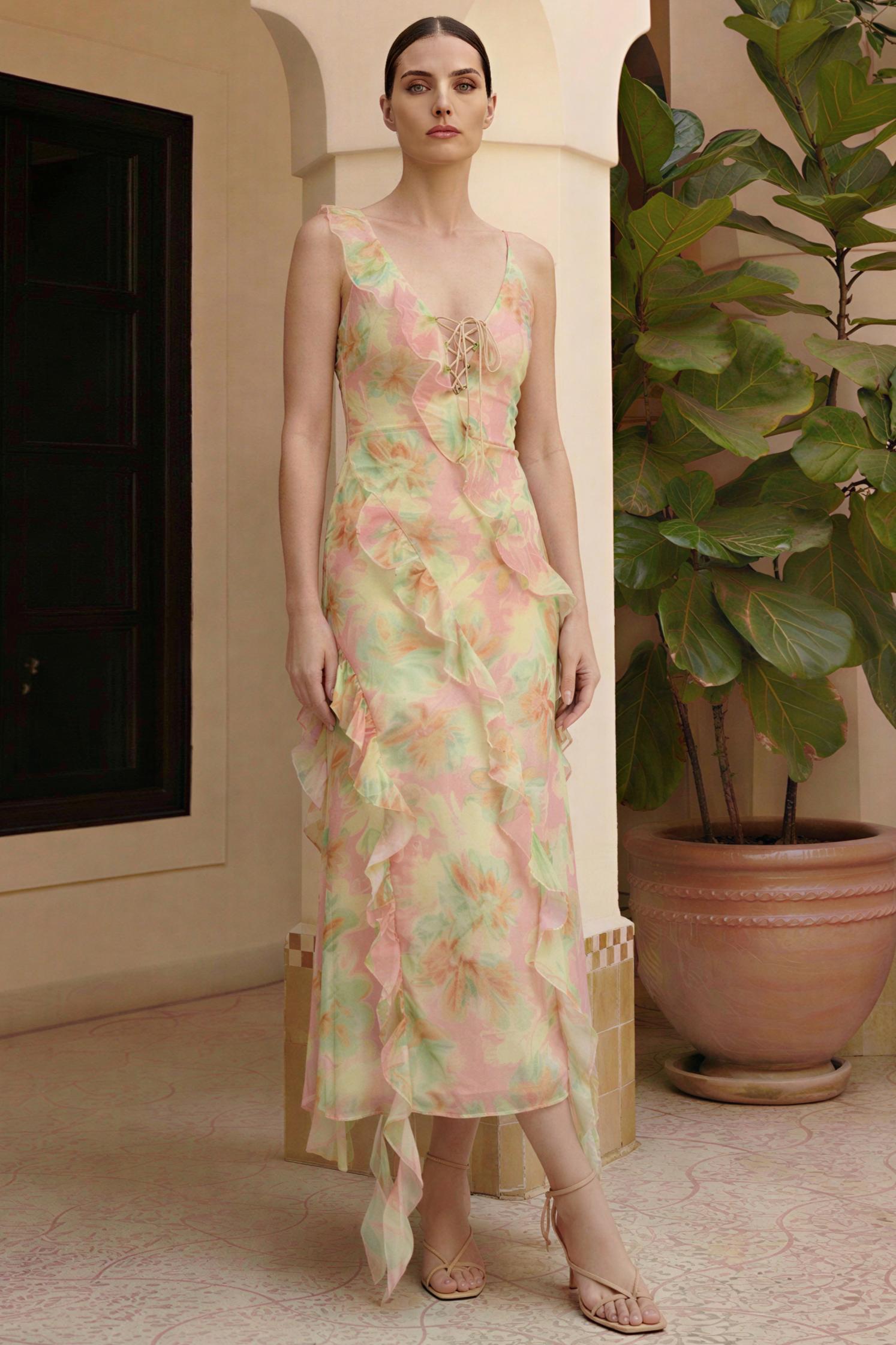 Tie Dye Ruffle Tie-Up Midi Dress