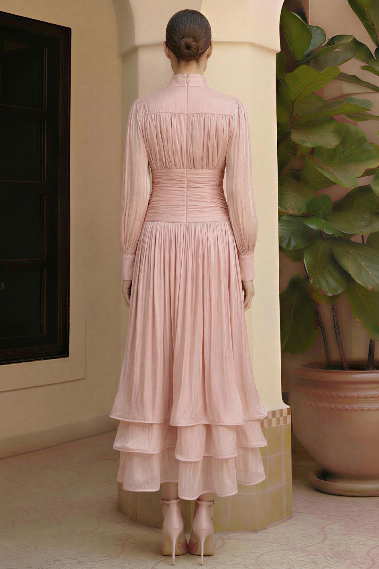 Satin Ruffle Lantern Sleeve Midi Dress