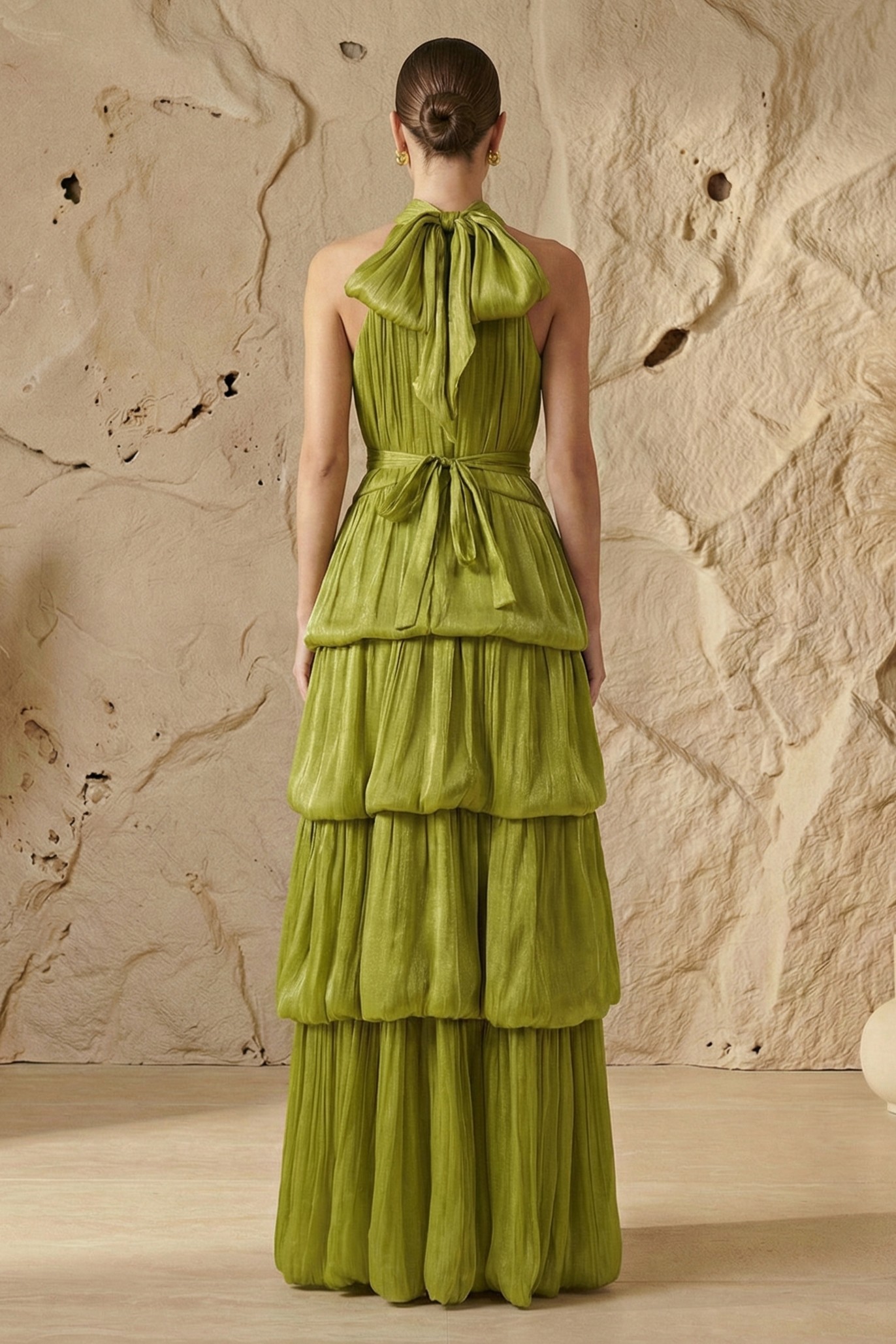 Solid Halter Neck Gathering Maxi Dress