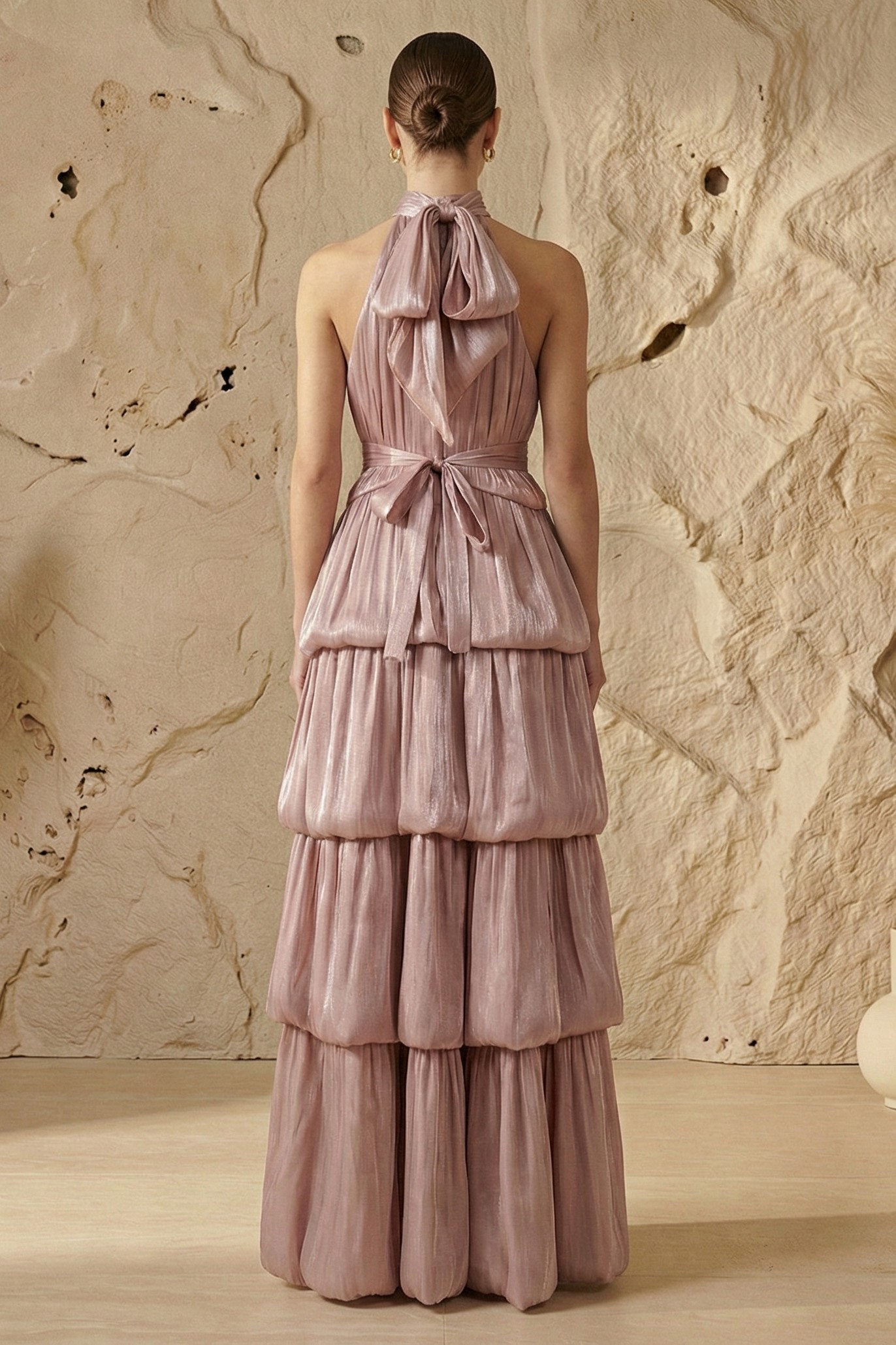 Solid Halter Neck Gathering Maxi Dress