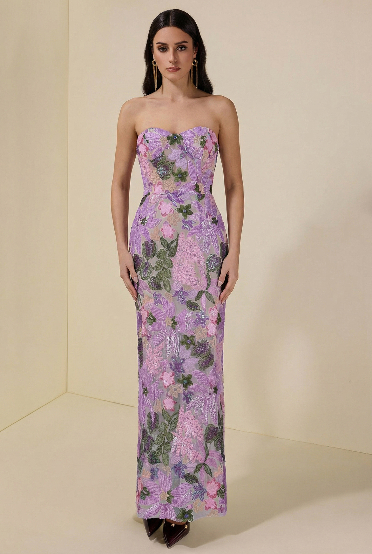 Sequin Embroidered Off-Shoulder Split Maxi Dress