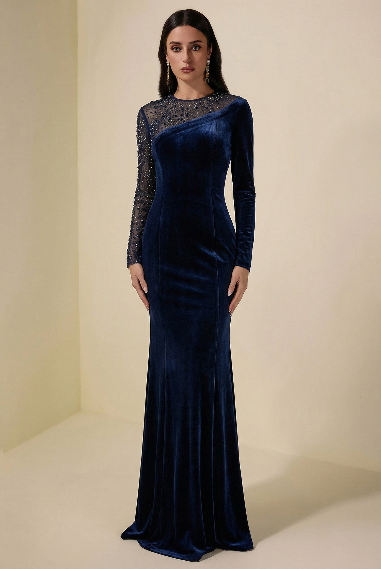 Velvet Rhinestone Rivets Asymmetrical Maxi Dress