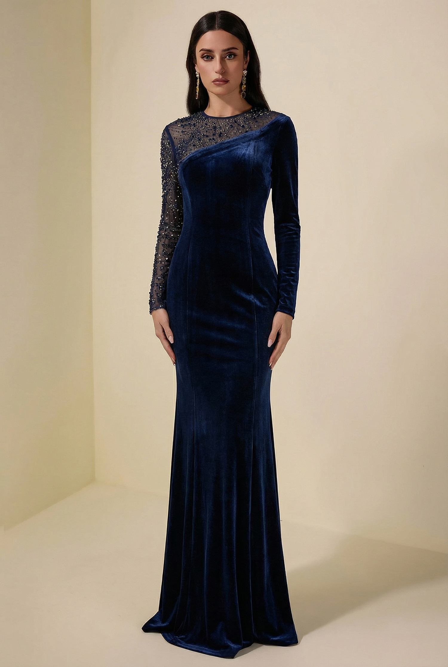 Velvet Rhinestone Rivets Asymmetrical Maxi Dress