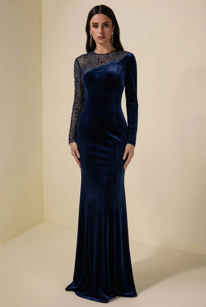 Velvet Rhinestone Rivets Asymmetrical Maxi Dress