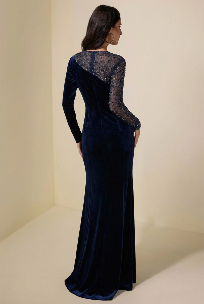 Velvet Rhinestone Rivets Asymmetrical Maxi Dress